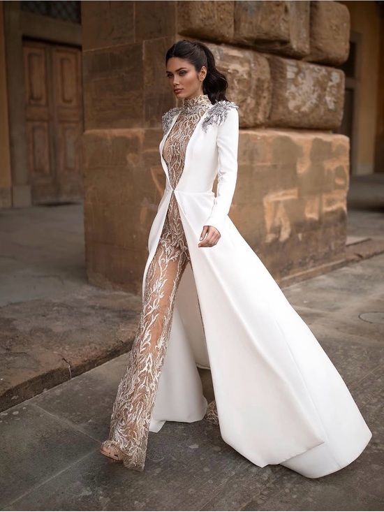 MillaNova Pants - MillaNova White Bridal Jumpsuit with Embellished Shoulder Coat